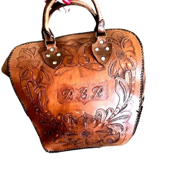 Vintage Etched Brown Tan Leather Embossed Handbag Bowling Bag Tote Bag Western - Picture 1 of 6
